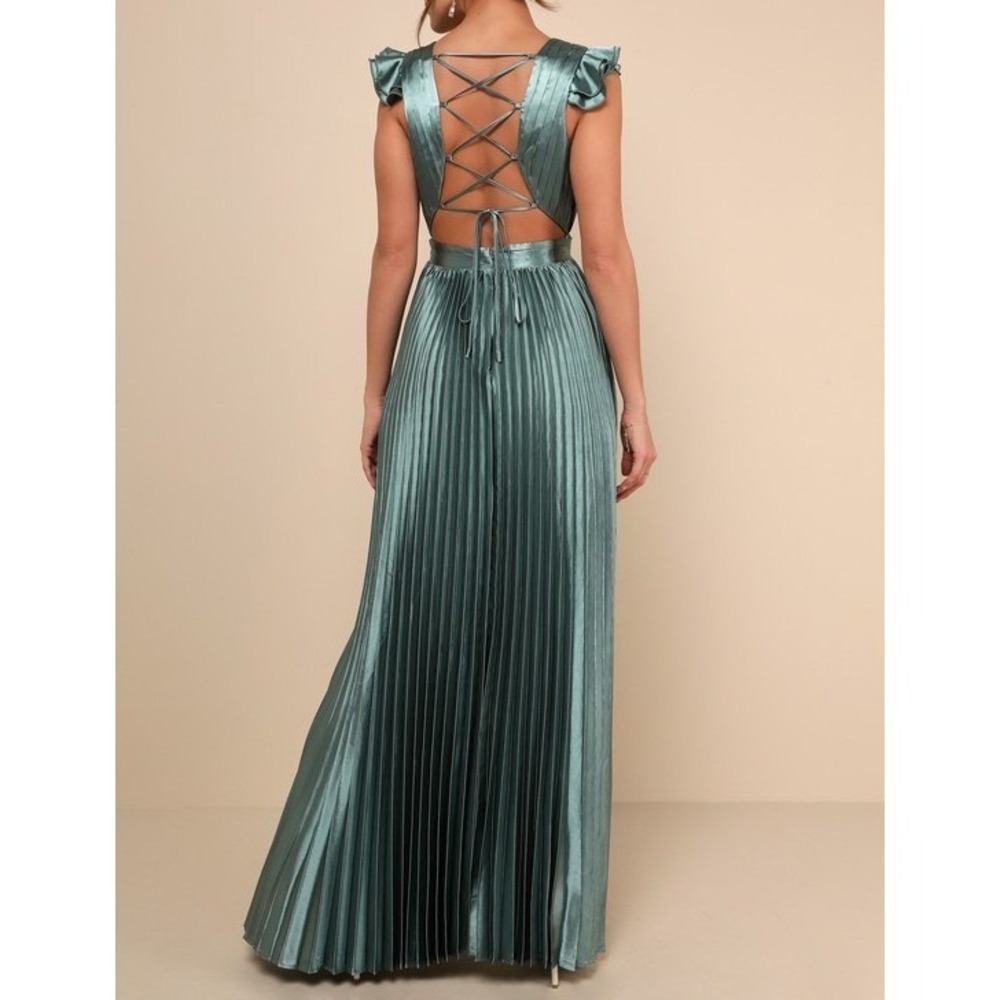 NWT Lulus Exceptional Drama Sage Green Satin Lace-Up Pleated Maxi Dress 2X - Picture 4 of 5